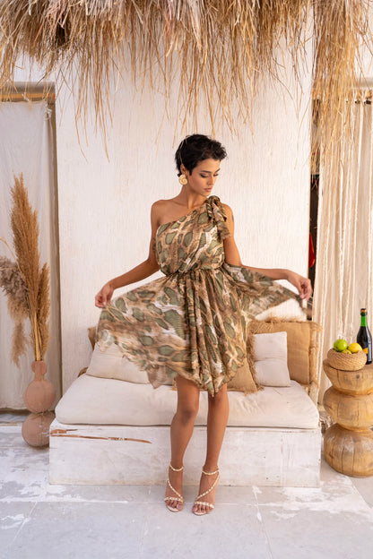 One Shoulder Chiffon Green Patterned Dress