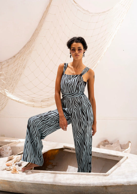 Patterned Lenin Buttons Square Collor Jumpsuit