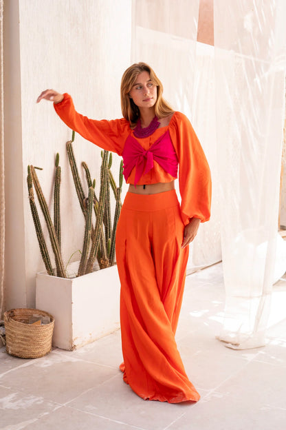 Orange Silky Linen Set with Pink Bow Long Sleeves Top