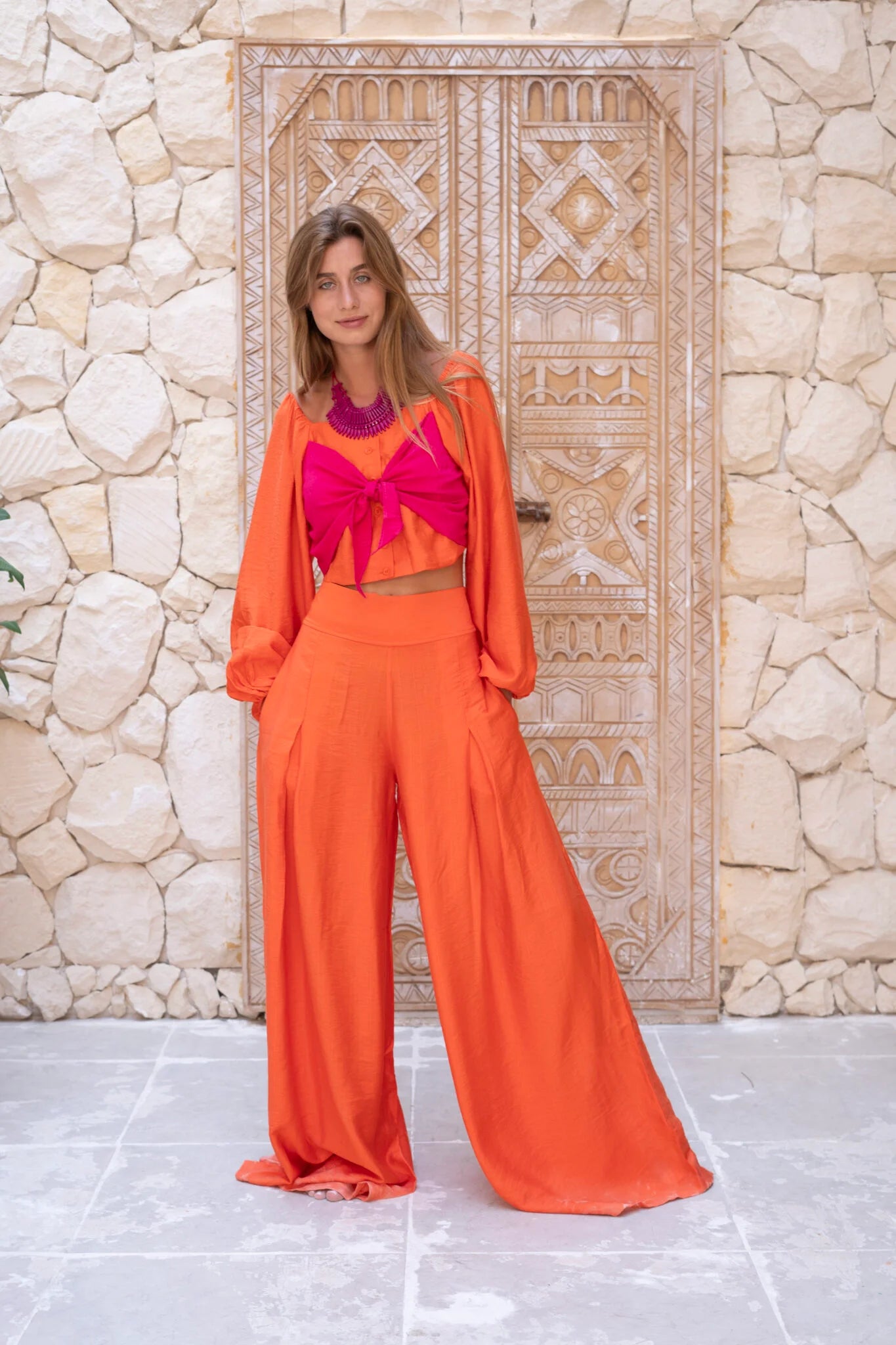 Orange Silky Linen Set with Pink Bow Long Sleeves Top