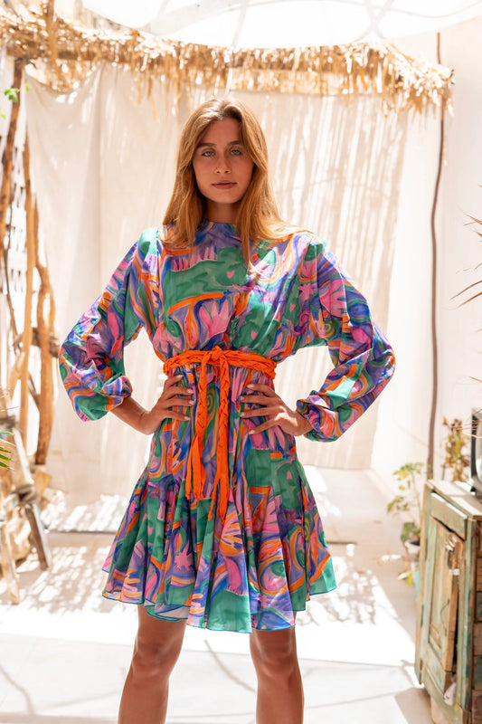High waisted colorful print mini dress with balloon sleeves and round neckline