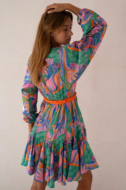 High waisted colorful print mini dress with balloon sleeves and round neckline