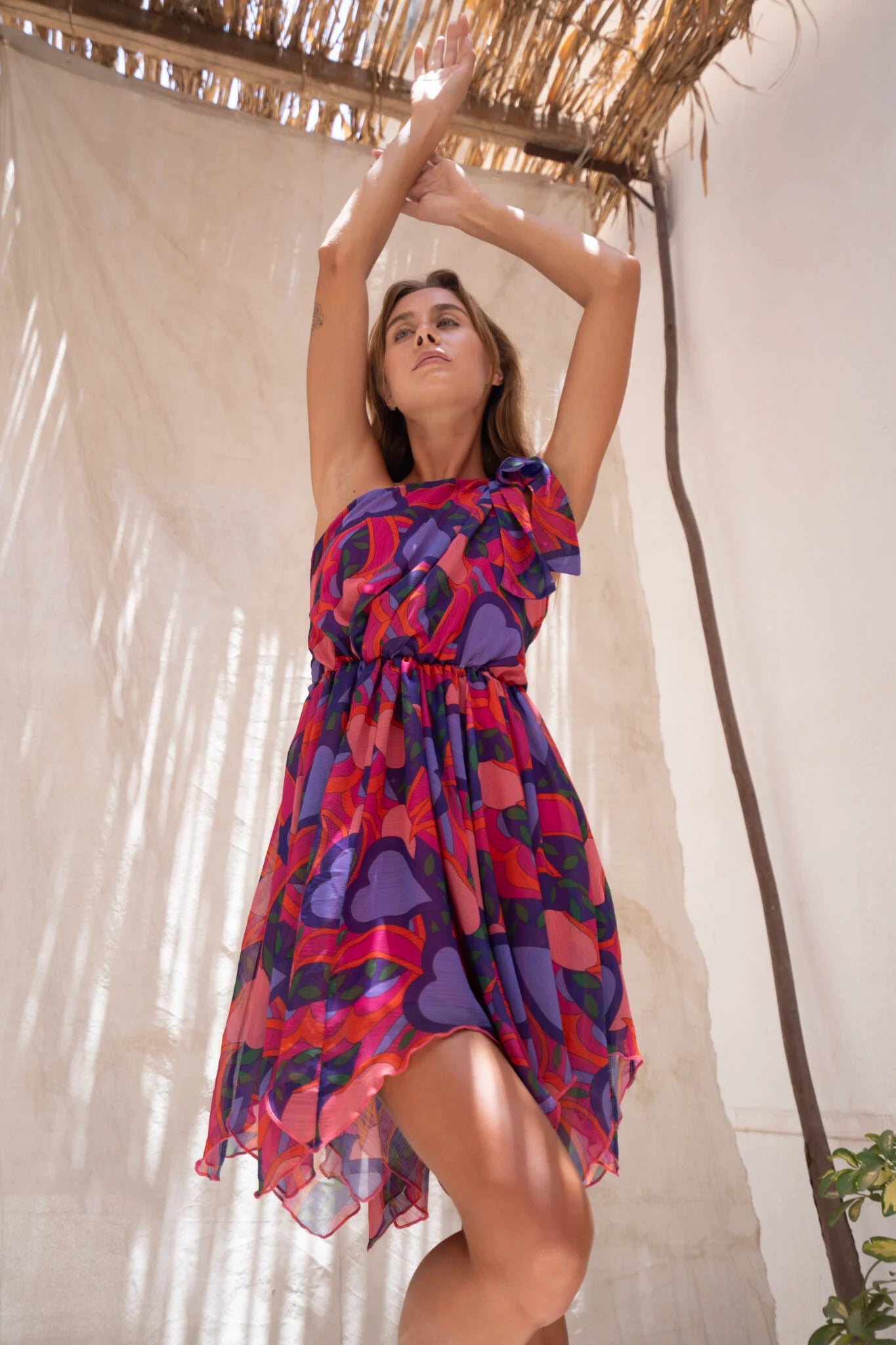 One Shoulder Chiffon Multicolor Dress