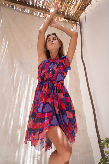One Shoulder Chiffon Multicolor Dress