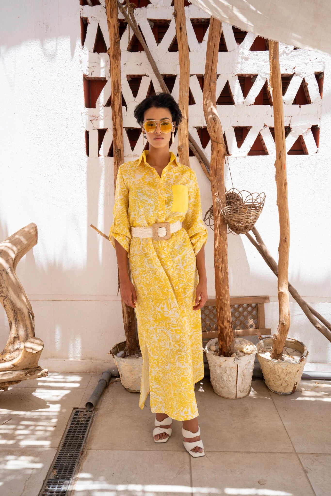 Yellow Patterned Shirt Dress