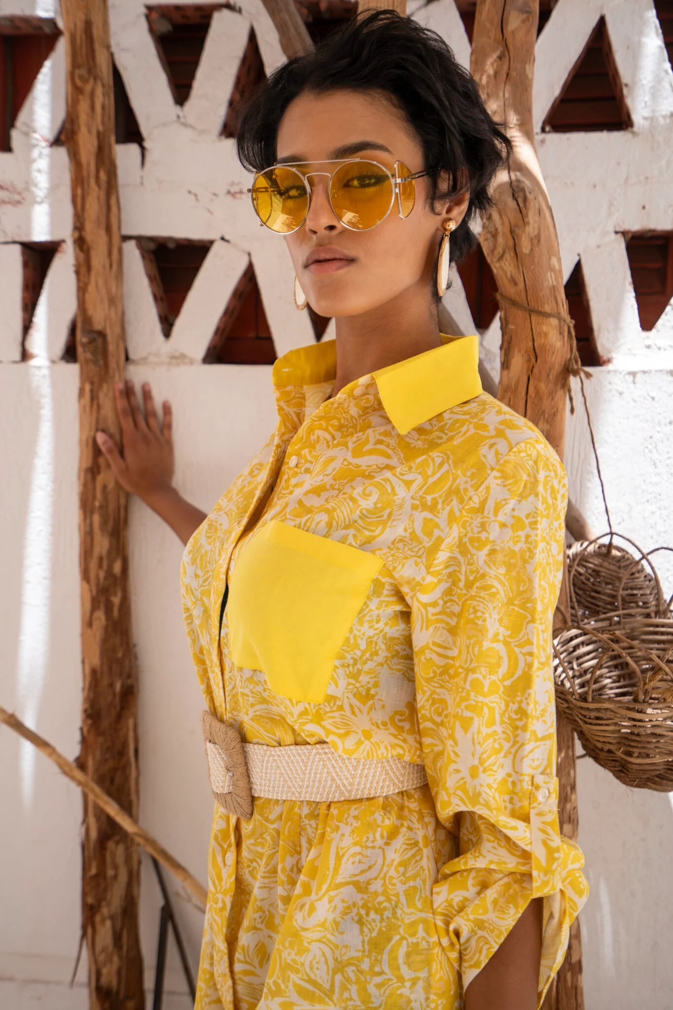 Yellow Patterned Shirt Dress
