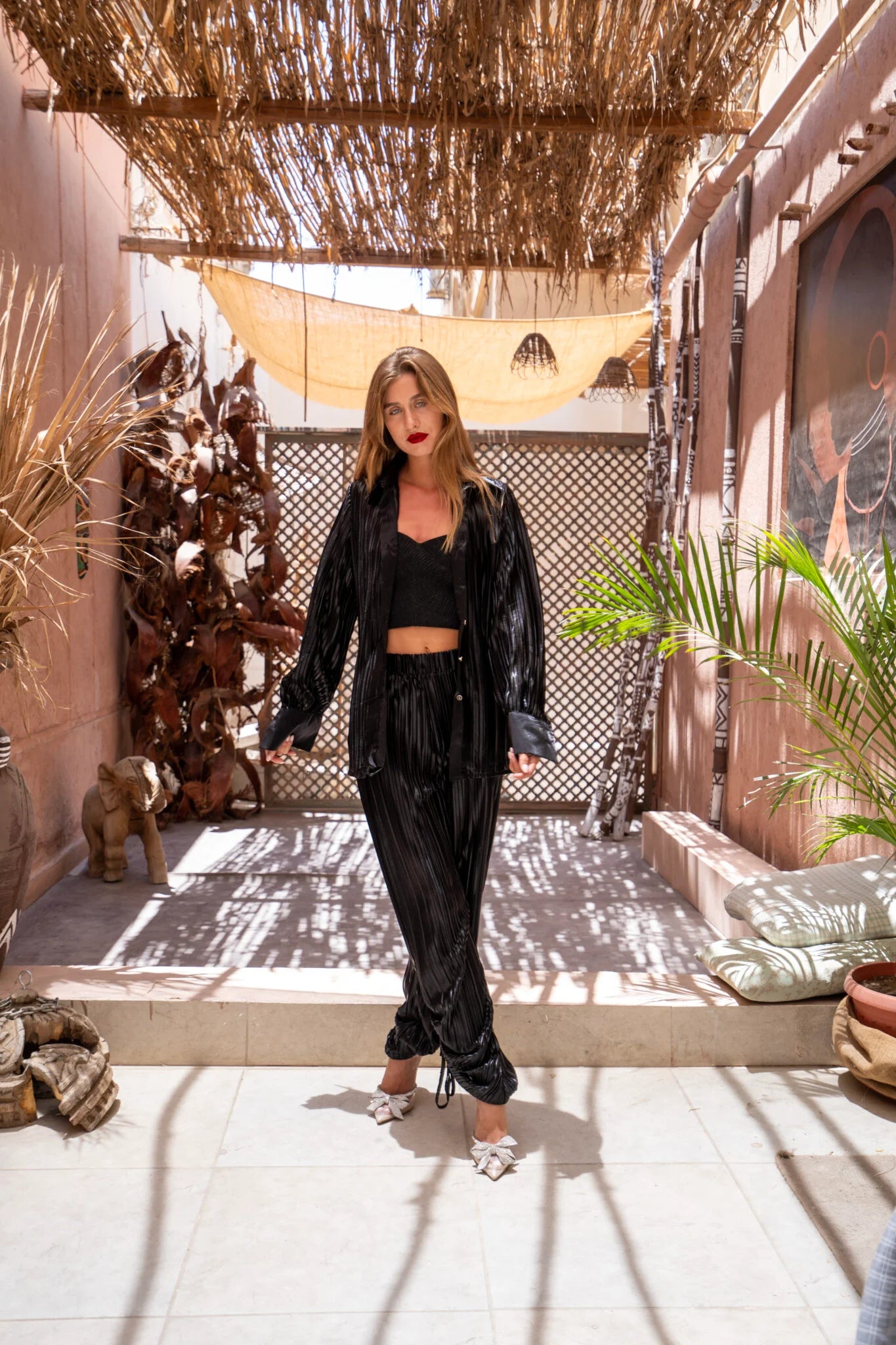 Shiny Black Pleated Set