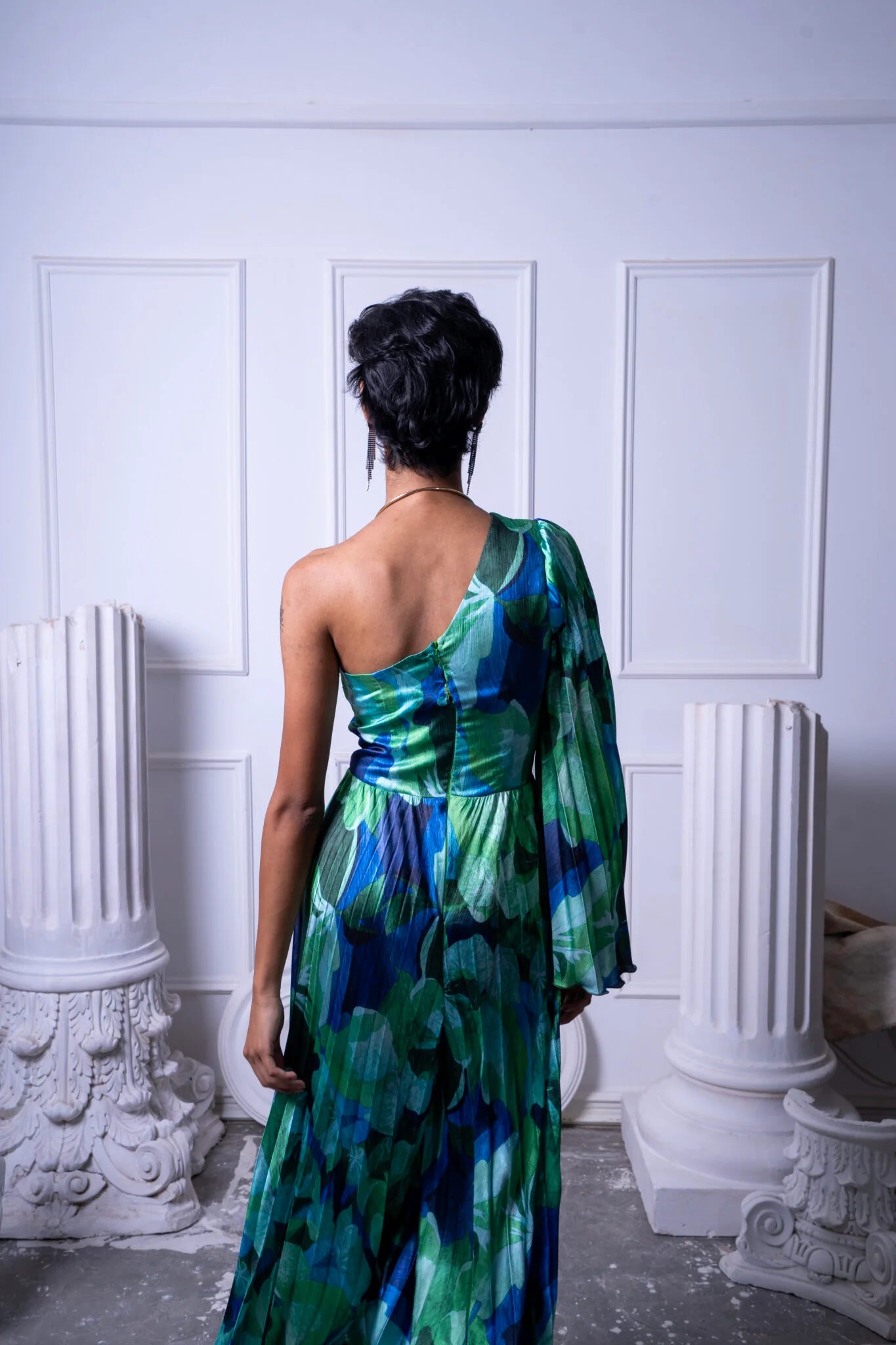 One Shoulder Pleated Floral Jumpsuit