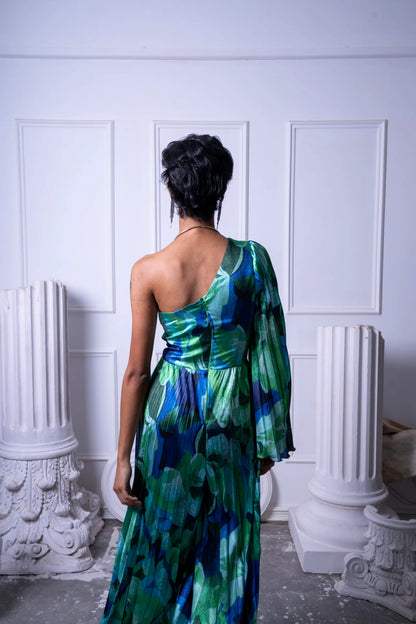 One Shoulder Pleated Floral Jumpsuit
