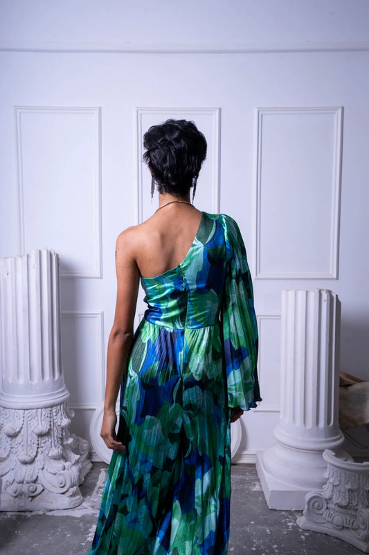 One Shoulder Pleated Floral Jumpsuit