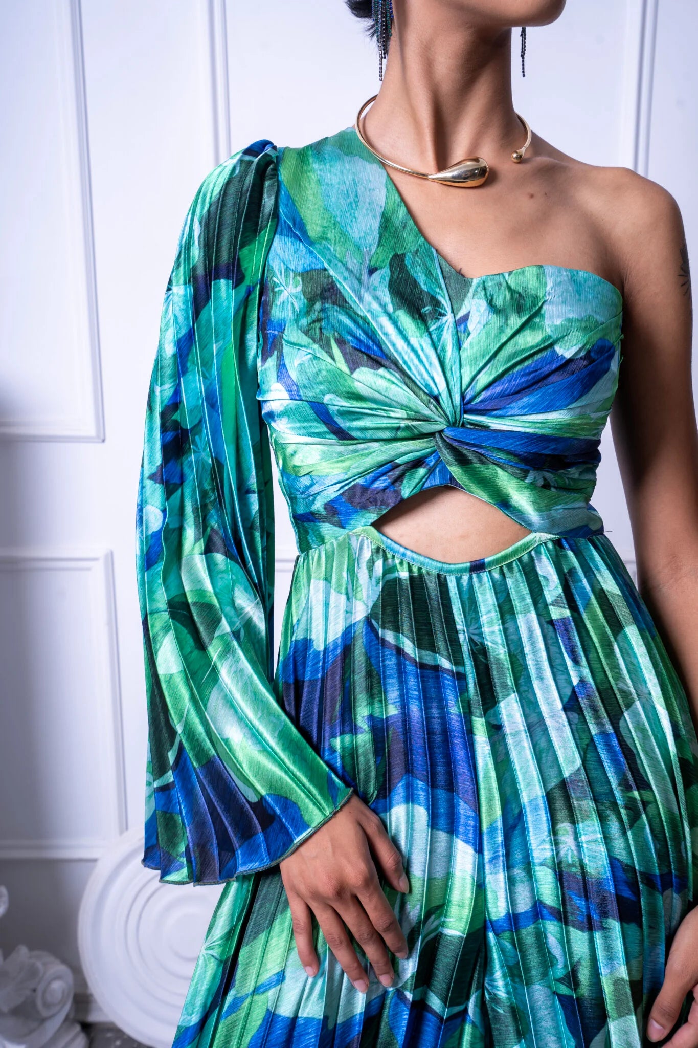 One Shoulder Pleated Floral Jumpsuit
