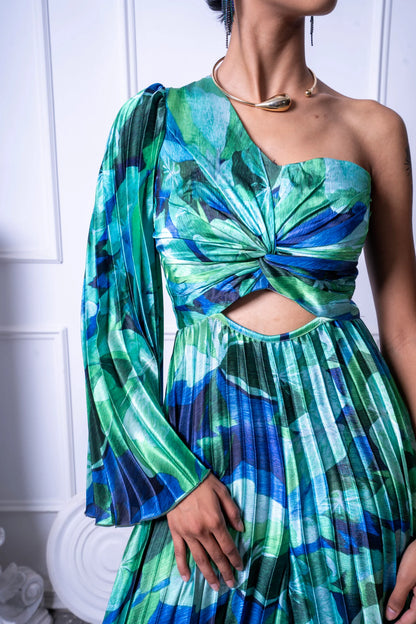One Shoulder Pleated Floral Jumpsuit