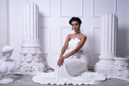 White 3D Flower Pleated Dress