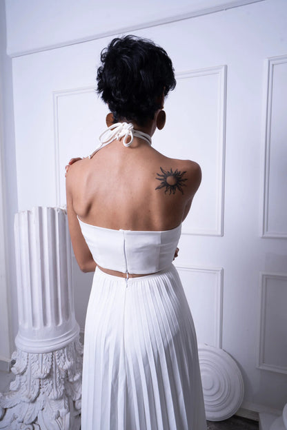 White 3D Flower Pleated Dress