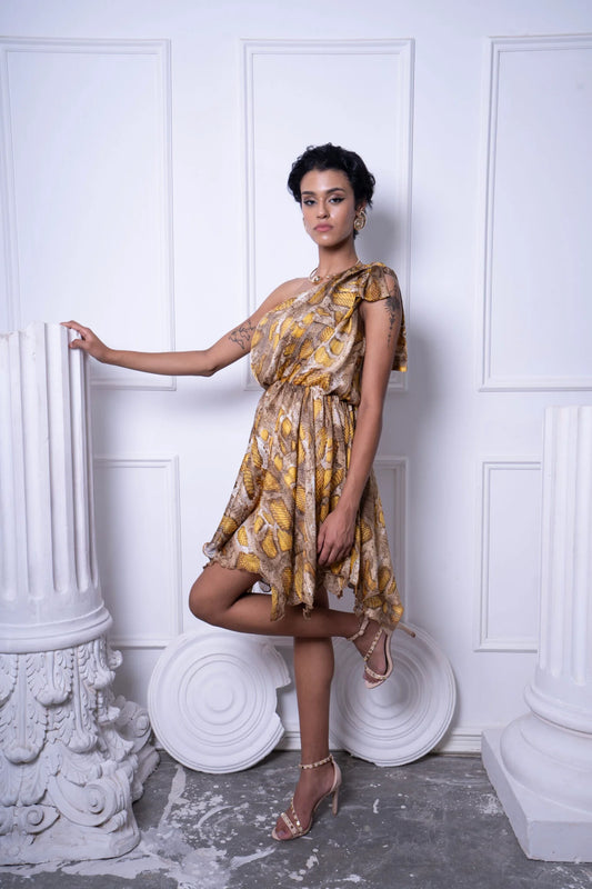 One Shoulder Chiffon Yellow Patterned Dress