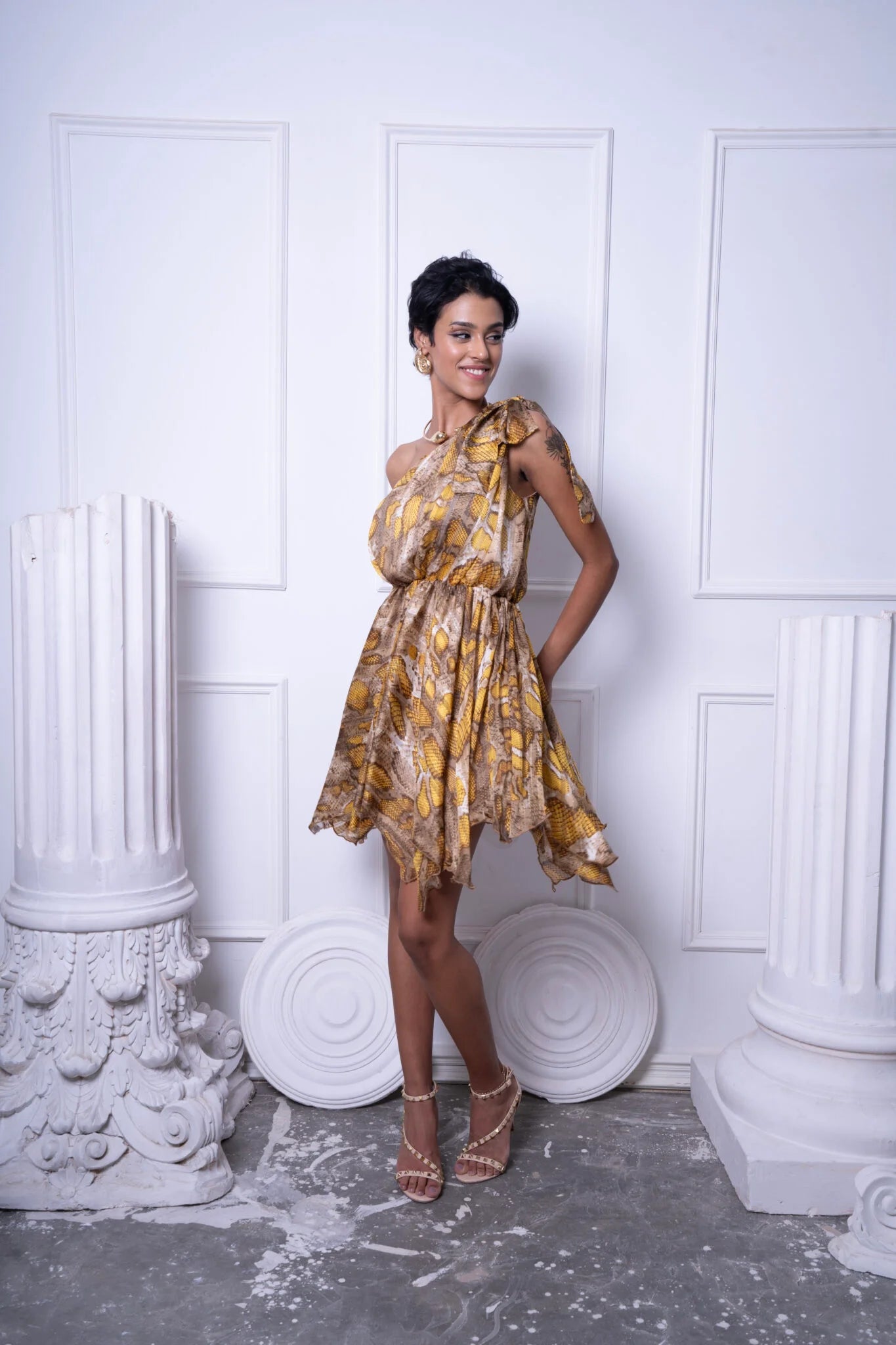 One Shoulder Chiffon Yellow Patterned Dress