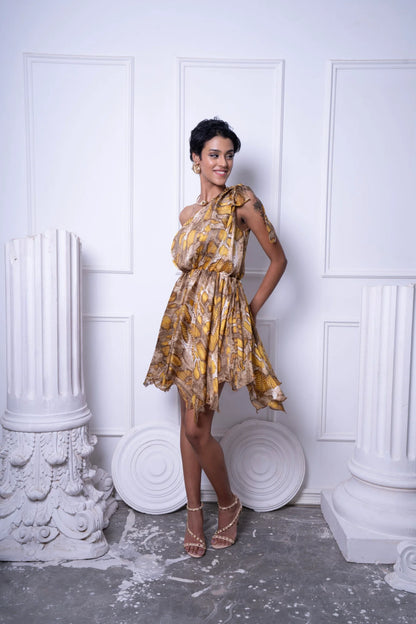 One Shoulder Chiffon Yellow Patterned Dress