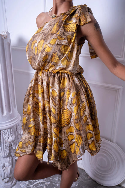 One Shoulder Chiffon Yellow Patterned Dress