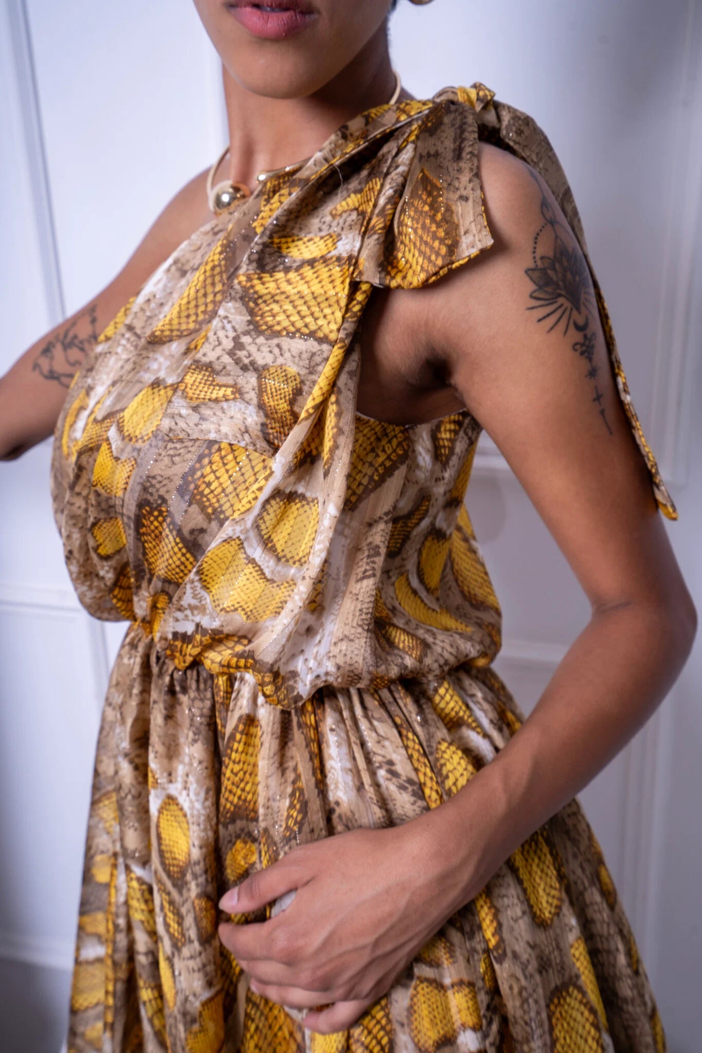 One Shoulder Chiffon Yellow Patterned Dress