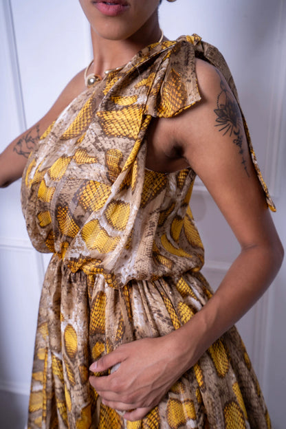 One Shoulder Chiffon Yellow Patterned Dress