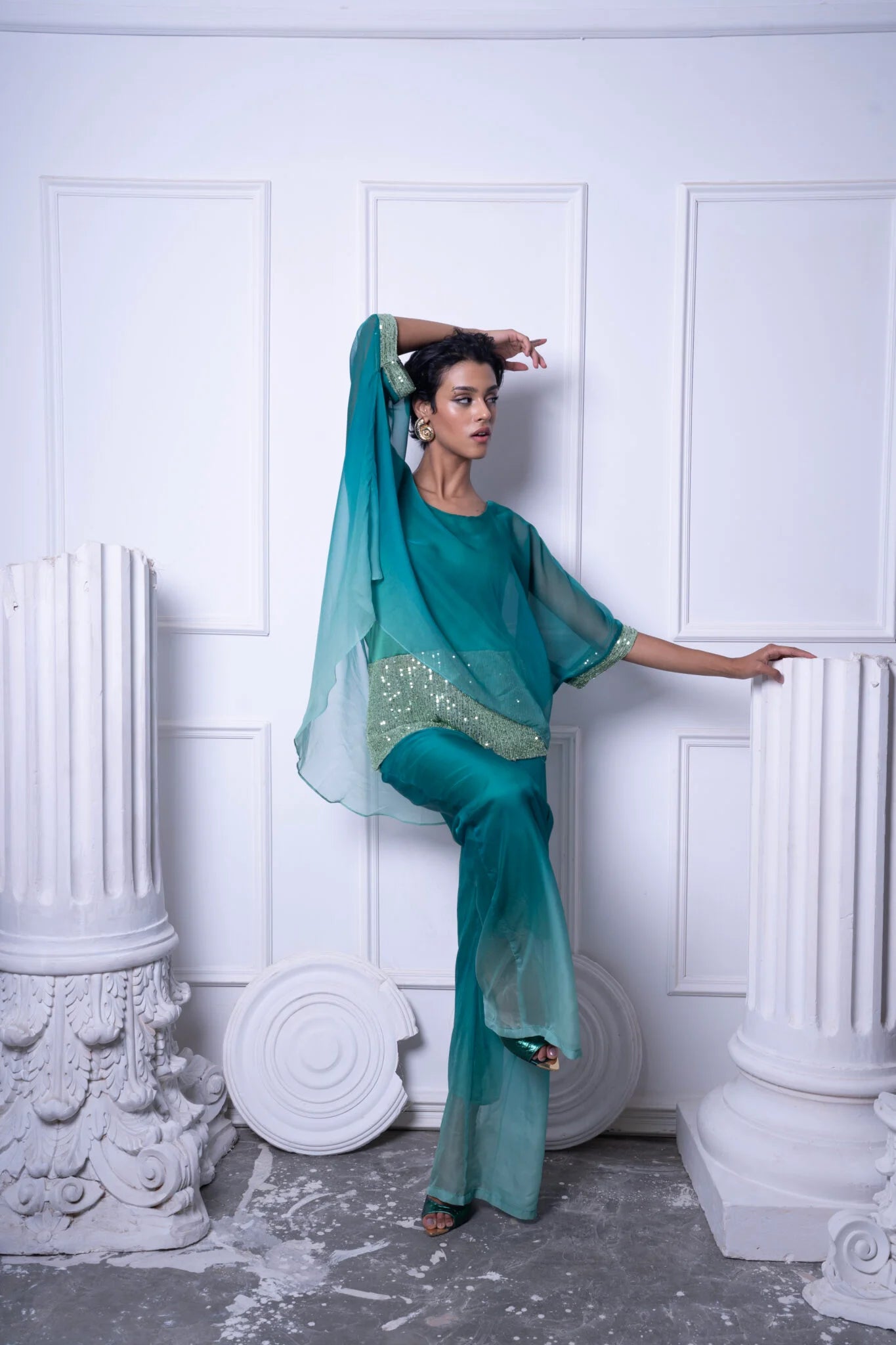 Gradient green silk sequin patchwork set