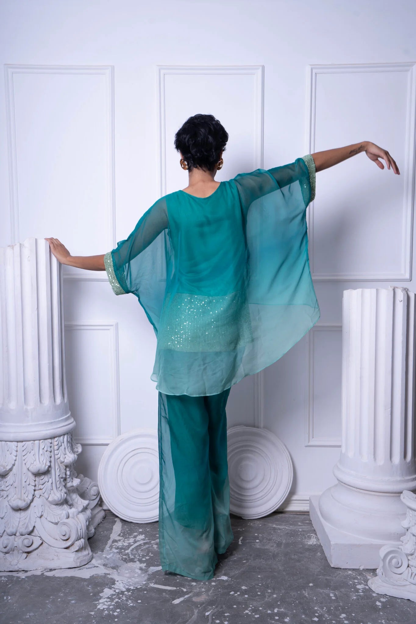 Gradient green silk sequin patchwork set