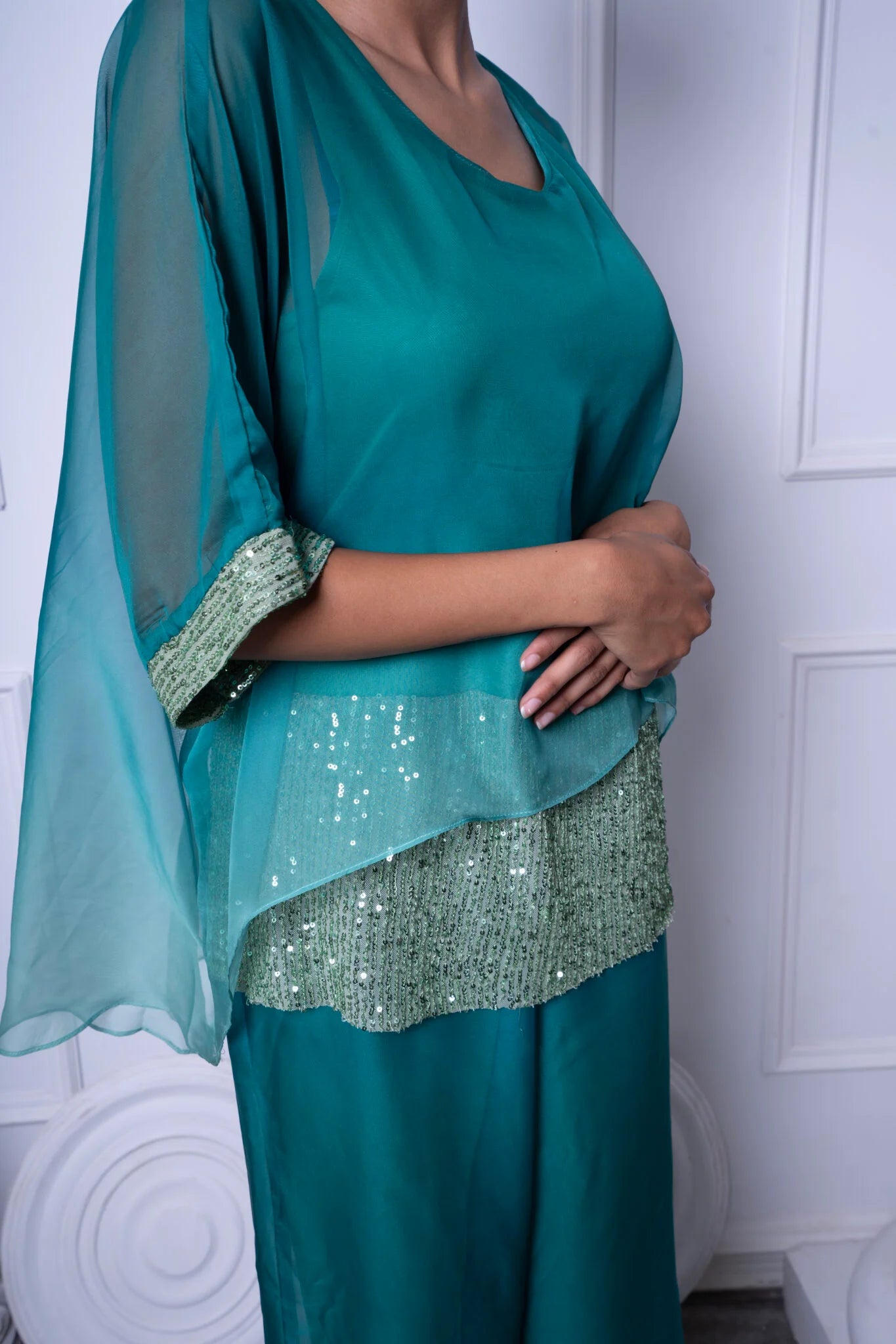 Gradient green silk sequin patchwork set