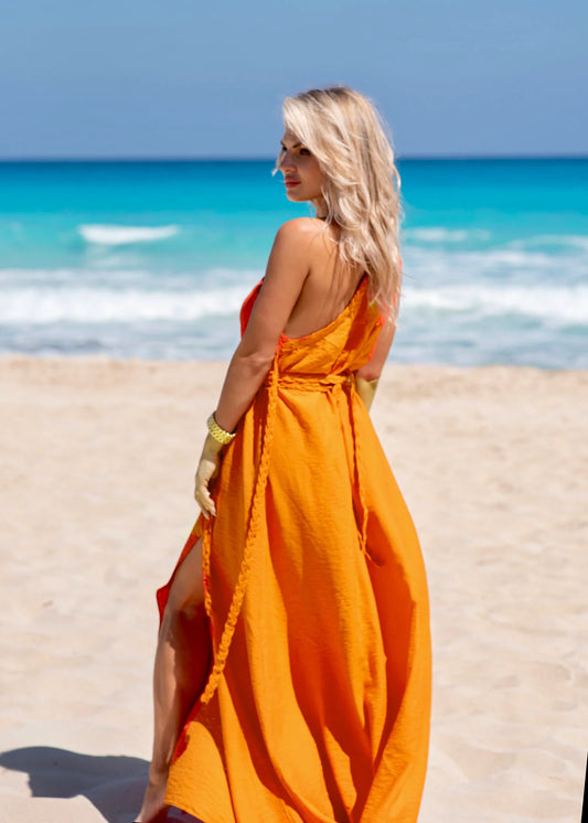 Neon Orange one shoulder linen Dress