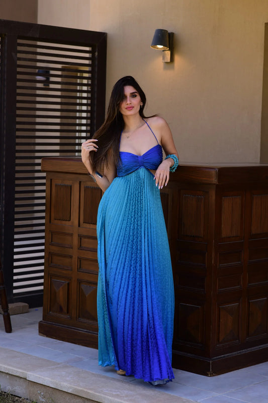 Mermaid pleated maxi dress in blue ombre