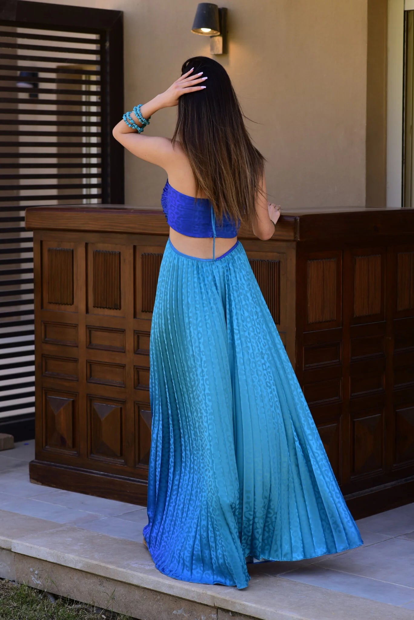 Mermaid pleated maxi dress in blue ombre