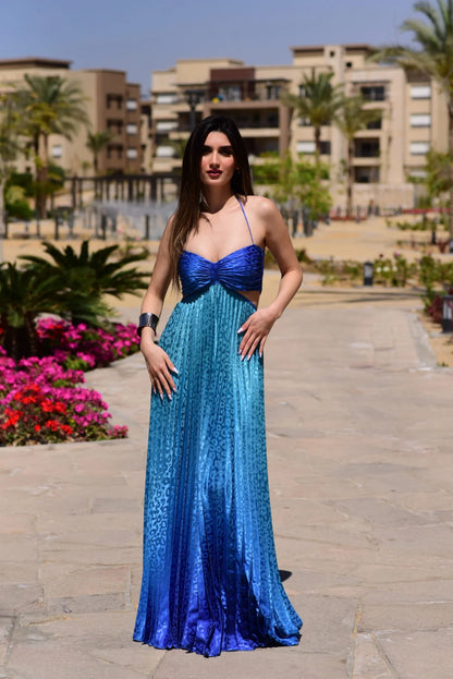 Mermaid pleated maxi dress in blue ombre