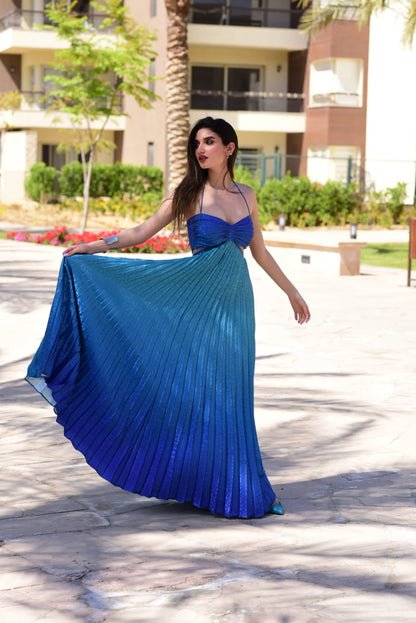 Mermaid pleated maxi dress in blue ombre