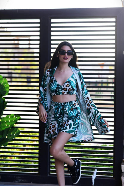 Tropical three piece satin set