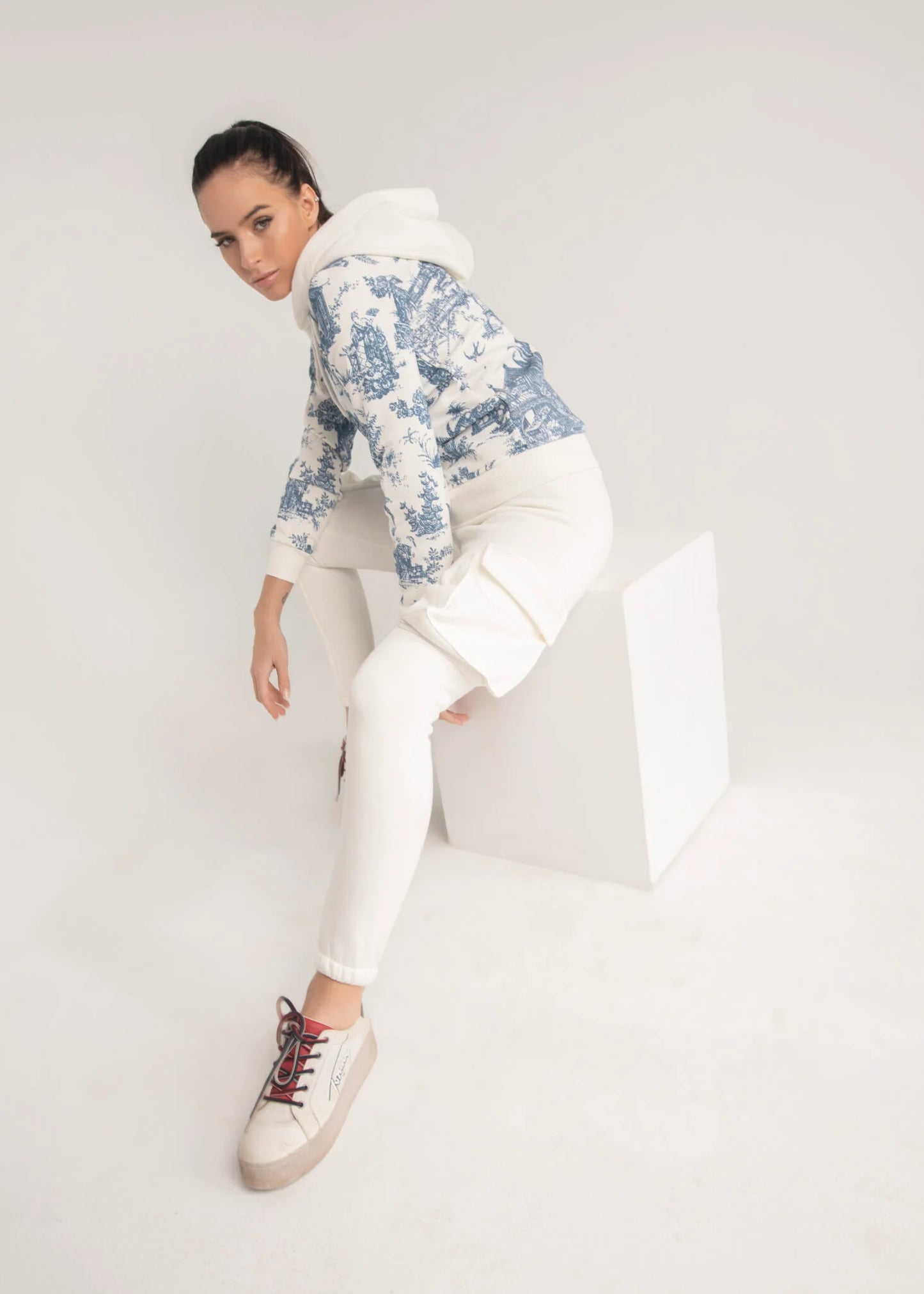 white sweatpants with puffy pockets