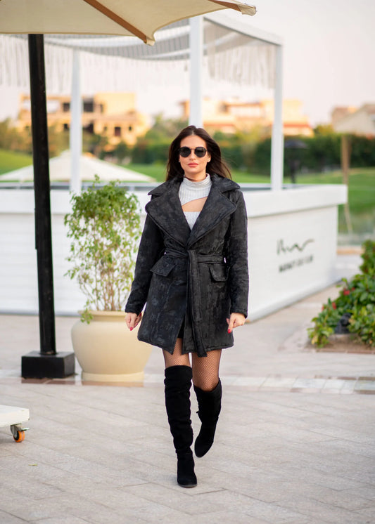 3D black leather coat