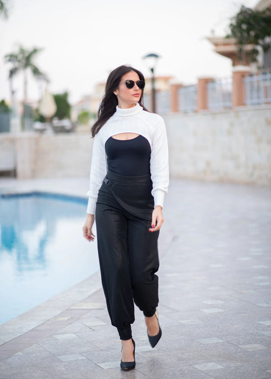 Black leather high waist cargo pants with buckle on the side