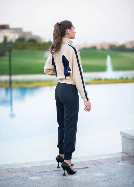 Navy blue leather high waist cargo pants with buckle on the side