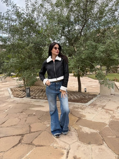 Black leather shearling-lined Jacket