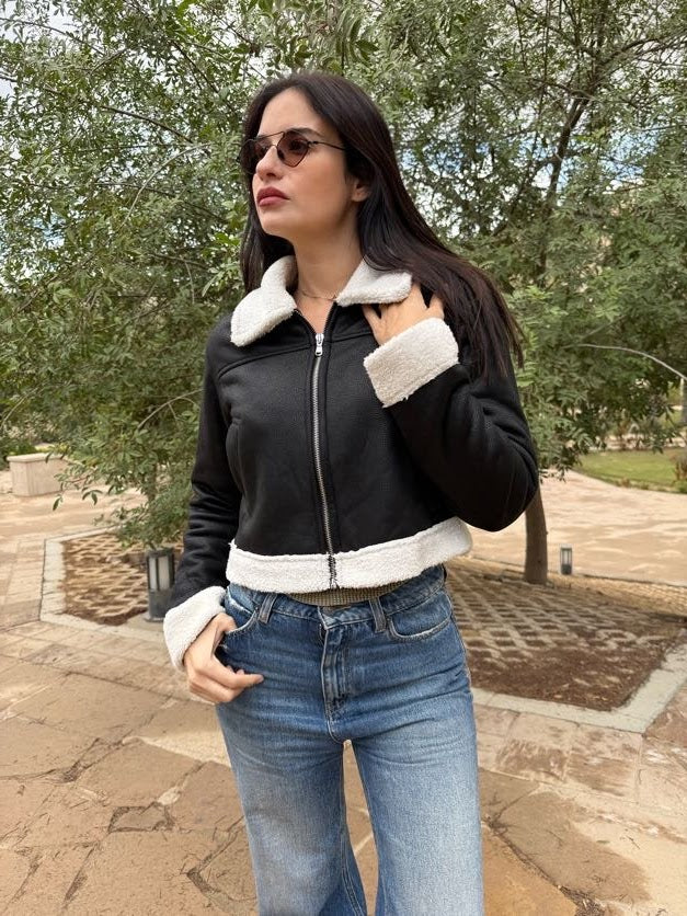 Black leather shearling-lined Jacket