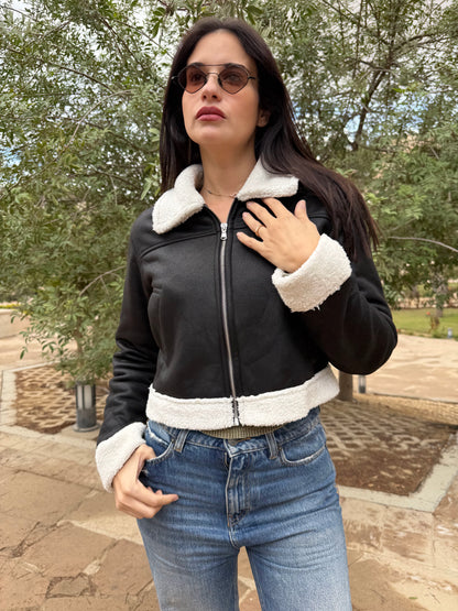 Black leather shearling-lined Jacket