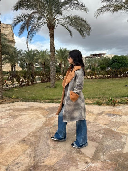 oversized shearling-lined coat with camel faux fur wide collar