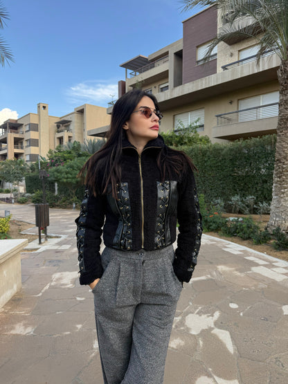 Black Teddy Jacket with Funnel Neck & Criss-Cross Rope Detail