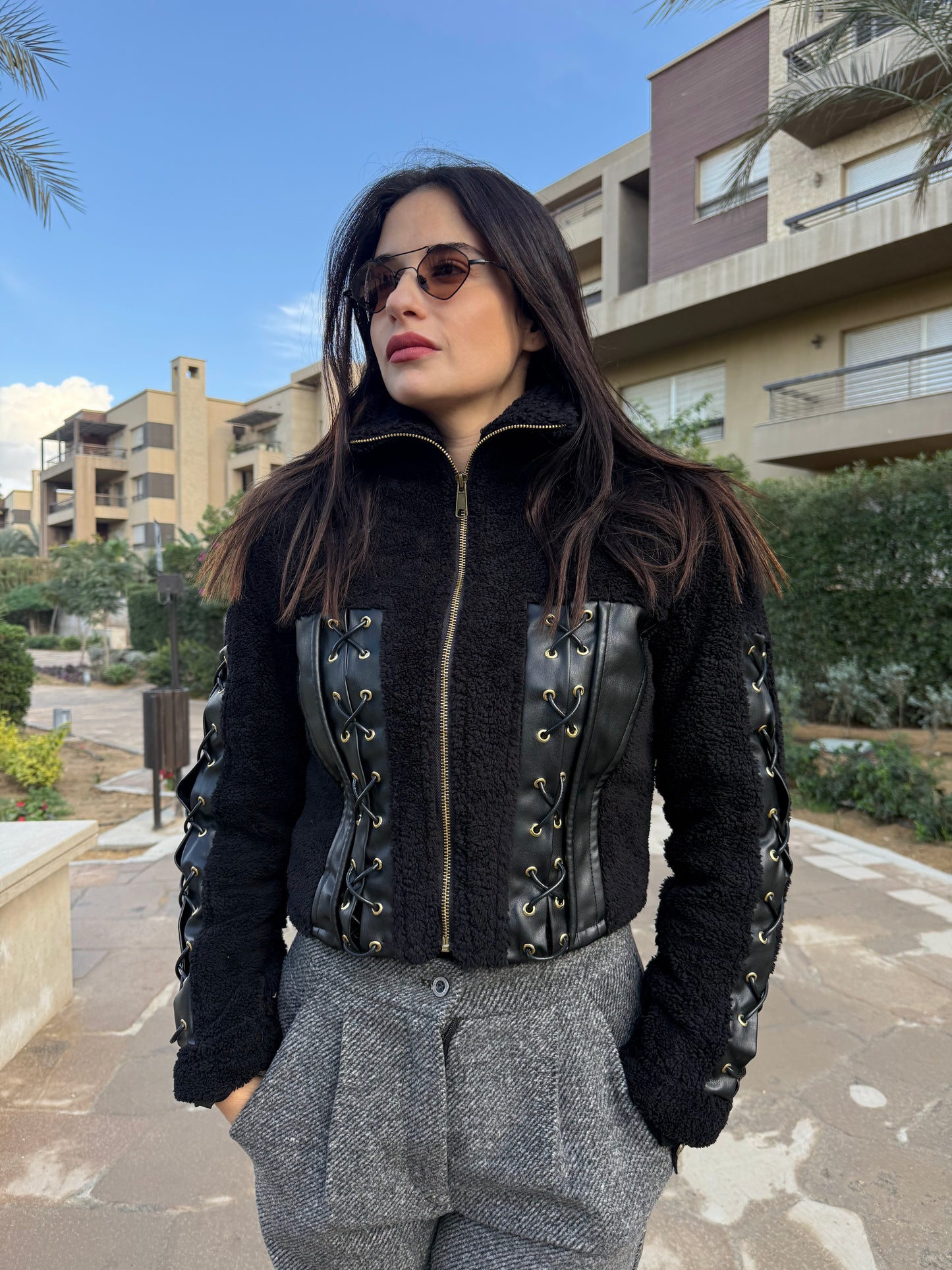 Black Teddy Jacket with Funnel Neck & Criss-Cross Rope Detail