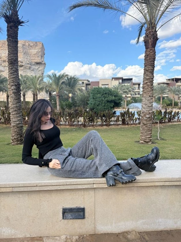 Grey wool wide leg pants