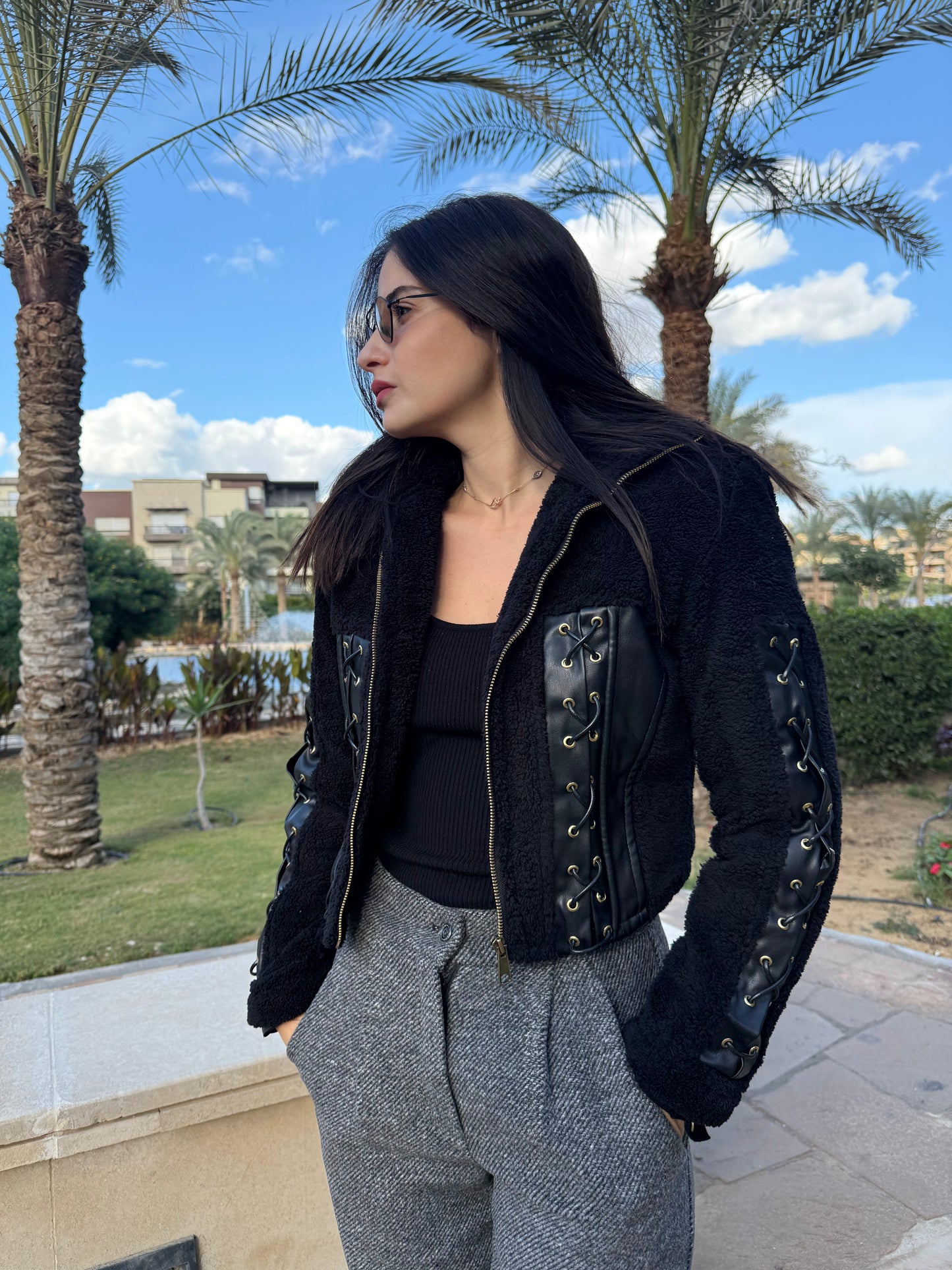 Black Teddy Jacket with Funnel Neck & Criss-Cross Rope Detail