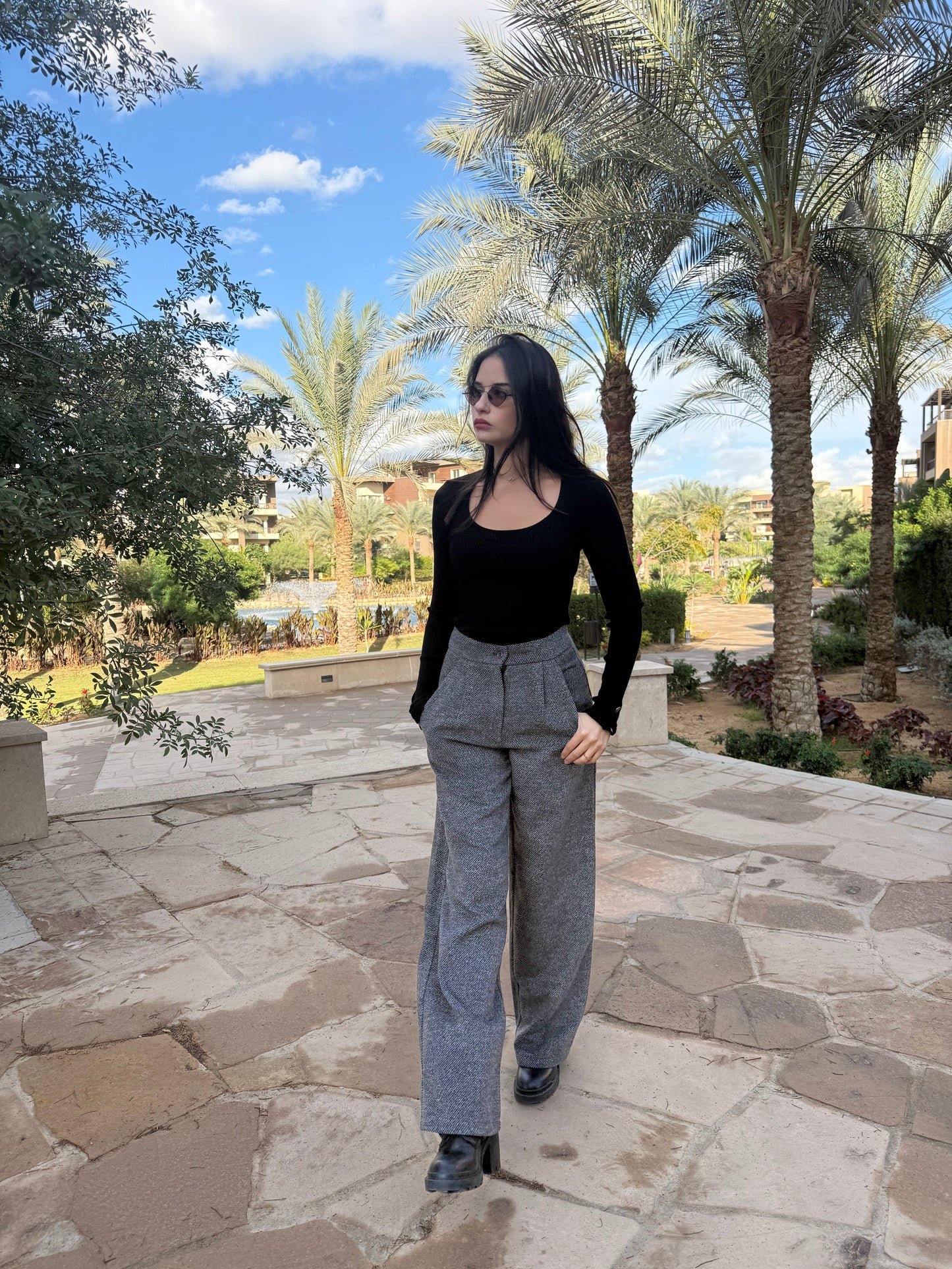Grey wool wide leg pants
