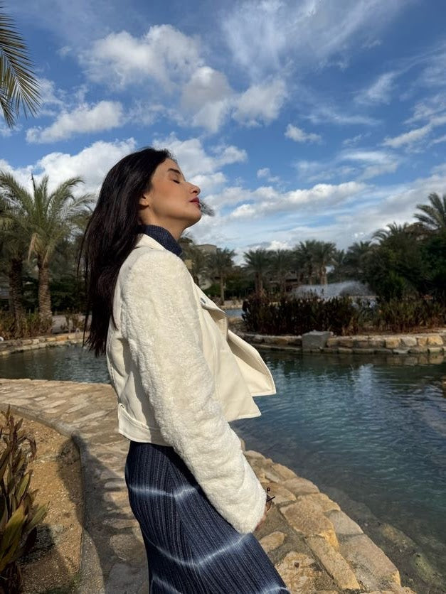 Off White Leather Jacket with Fur Sleeves