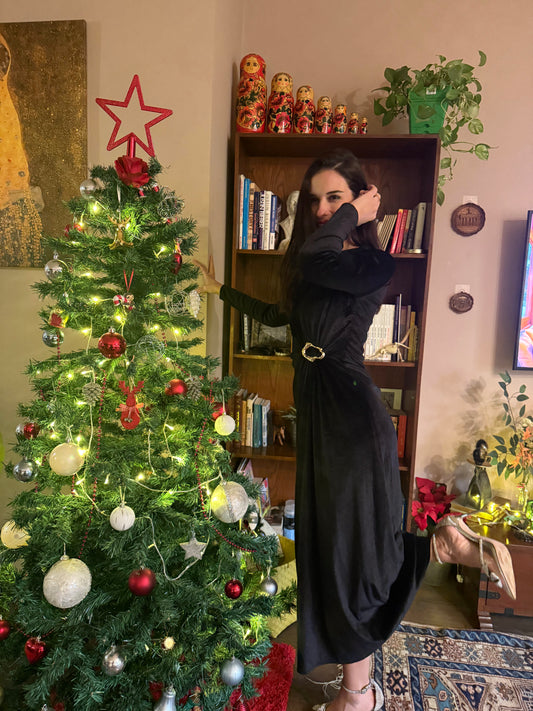 Long sleeve wrap midi dress with a sliver buckle on the side