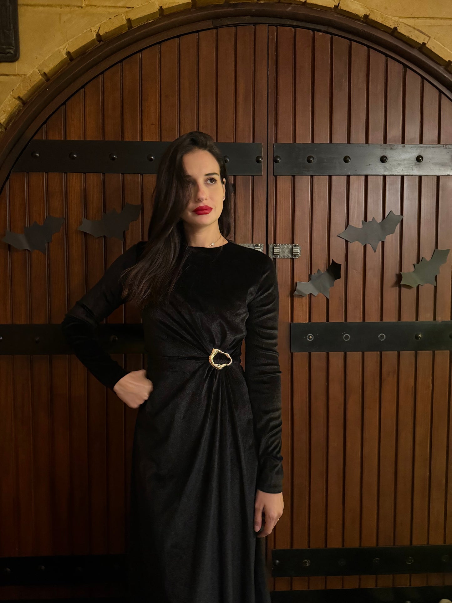 Long sleeve wrap midi dress with a sliver buckle on the side