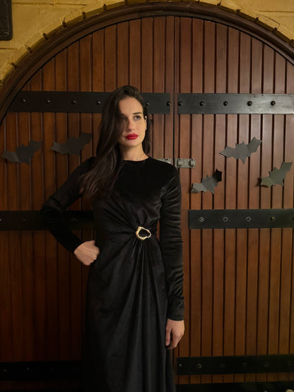 Long sleeve wrap midi dress with a sliver buckle on the side